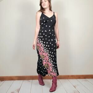 Vintage 90s Floral Midi Slip Dress Black Pink Medium